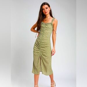 Carlee Sage Ruched Polka Dot Dress